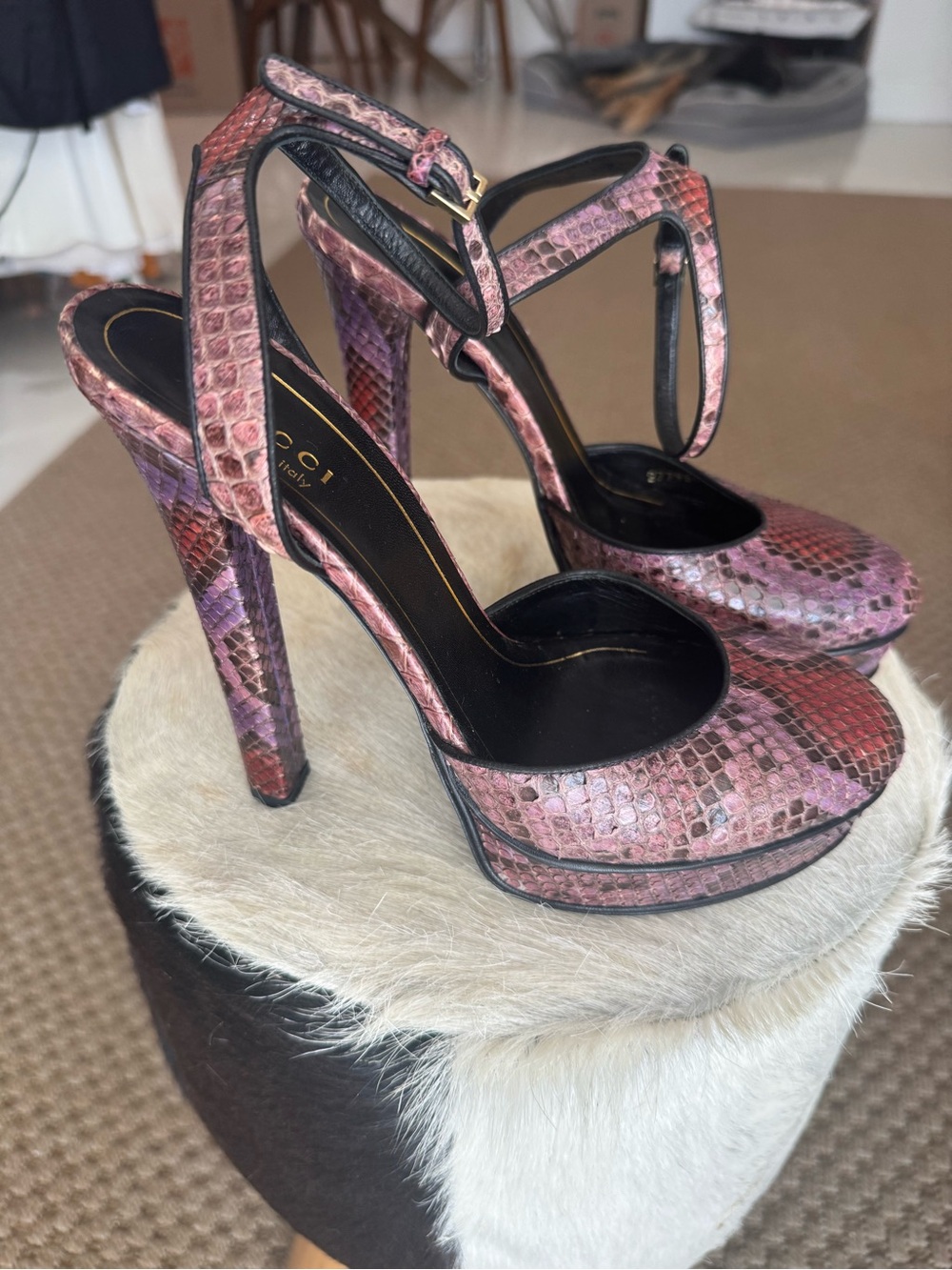 Gucci Python Platform Ankle Strap Heels Multicolor Pink Purple Size 39